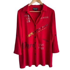 Frank Lyman Artsy Graphic Tunic Top Sz S Red Statement Blouse Cruise Resort NWOT